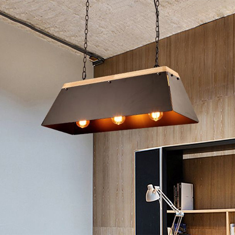 3 Lights Island Lighting Industrial Trapezoid Shade Metal and Wood Pendant Lamp in Black for Dining Room Clearhalo 'Ceiling Lights' 'Island Lights' Lighting' 758304