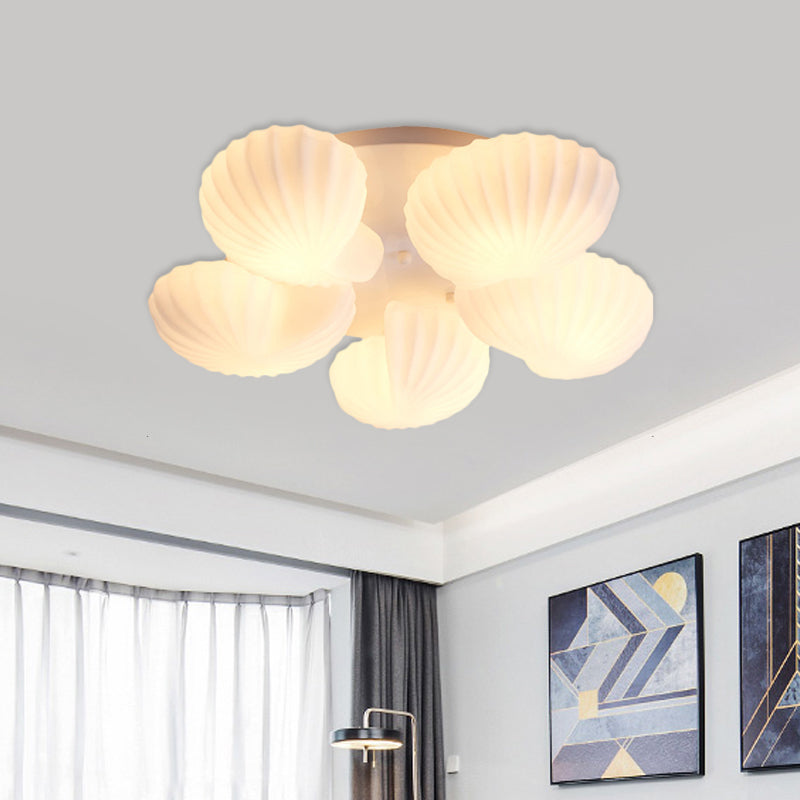 White Glass Scallop Shell Flush Light Nautical 3/5-Light Flush Mount Ceiling Lighting for Living Room 5 White Clearhalo 'Ceiling Lights' 'Close To Ceiling Lights' 'Close to ceiling' 'Flush mount' Lighting' 758321