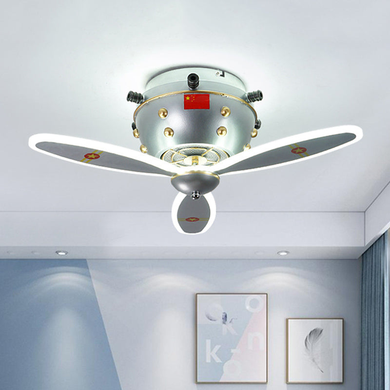 Propeller Jet Head Boy's Room Flushmount Metal Kids LED Ceiling Light Fixture in Nickel Nickel Clearhalo 'Ceiling Lights' 'Close To Ceiling Lights' 'Close to ceiling' 'Flush mount' Lighting' 758338