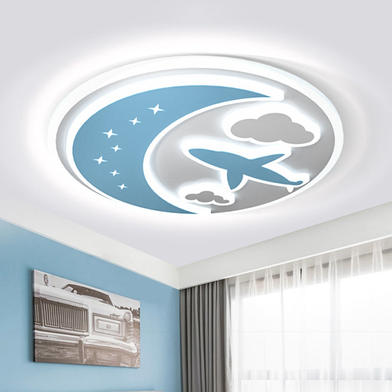 Acrylic Ultrathin Moon Ceiling Fixture Kids Blue and White LED Flush Mounted Light with Carved Flying Plane and Cloud White Clearhalo 'Ceiling Lights' 'Close To Ceiling Lights' 'Close to ceiling' 'Flush mount' Lighting' 758342