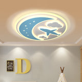 Acrylic Ultrathin Moon Ceiling Fixture Kids Blue and White LED Flush Mounted Light with Carved Flying Plane and Cloud Clearhalo 'Ceiling Lights' 'Close To Ceiling Lights' 'Close to ceiling' 'Flush mount' Lighting' 758343