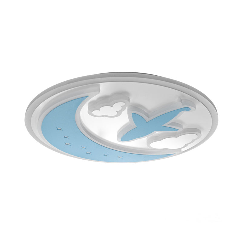 Acrylic Ultrathin Moon Ceiling Fixture Kids Blue and White LED Flush Mounted Light with Carved Flying Plane and Cloud Clearhalo 'Ceiling Lights' 'Close To Ceiling Lights' 'Close to ceiling' 'Flush mount' Lighting' 758344