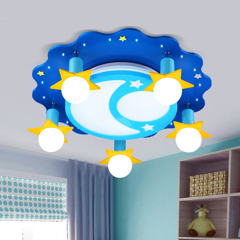 Crescent and Starry Sky Ceiling Flush Cartoon Opal Glass 5 Bulbs Nursery School Flush Mount Lighting in Blue Blue Clearhalo 'Ceiling Lights' 'Close To Ceiling Lights' 'Close to ceiling' 'Flush mount' Lighting' 758357