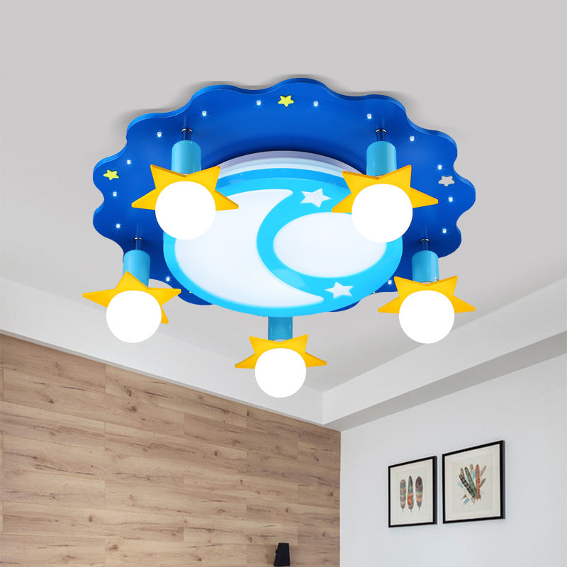 Crescent and Starry Sky Ceiling Flush Cartoon Opal Glass 5 Bulbs Nursery School Flush Mount Lighting in Blue Clearhalo 'Ceiling Lights' 'Close To Ceiling Lights' 'Close to ceiling' 'Flush mount' Lighting' 758358