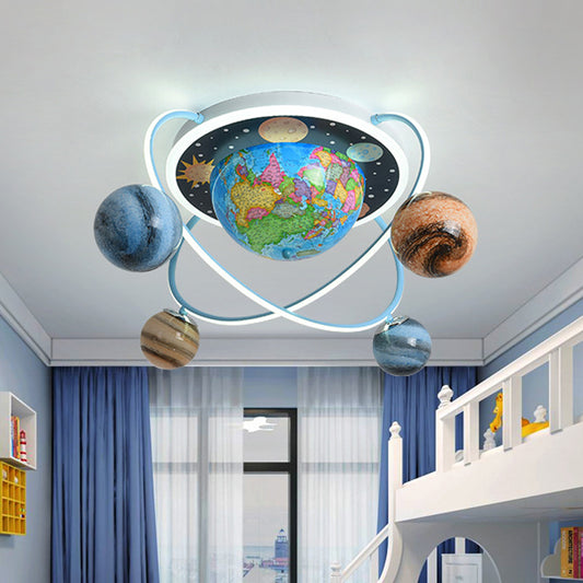 Kids Planet Orbit Flushmount Blue Stained Glass 4 Heads Children Bedroom Ceiling Mount Light Blue Clearhalo 'Ceiling Lights' 'Close To Ceiling Lights' 'Close to ceiling' 'Flush mount' Lighting' 758361