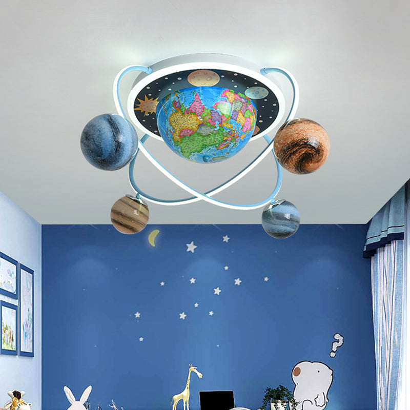 Kids Planet Orbit Flushmount Blue Stained Glass 4 Heads Children Bedroom Ceiling Mount Light Clearhalo 'Ceiling Lights' 'Close To Ceiling Lights' 'Close to ceiling' 'Flush mount' Lighting' 758362