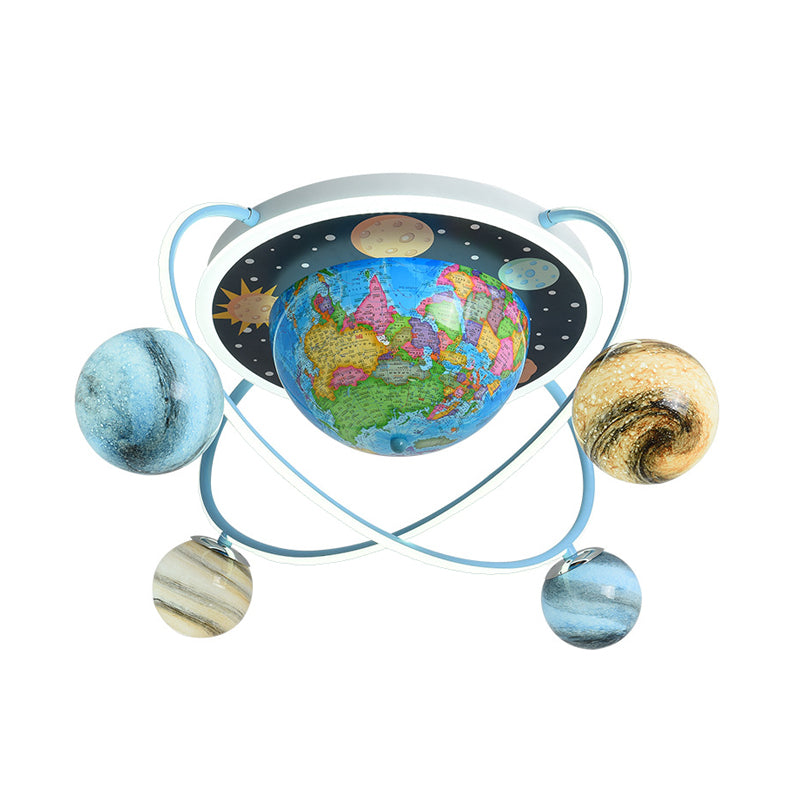 Kids Planet Orbit Flushmount Blue Stained Glass 4 Heads Children Bedroom Ceiling Mount Light Clearhalo 'Ceiling Lights' 'Close To Ceiling Lights' 'Close to ceiling' 'Flush mount' Lighting' 758363