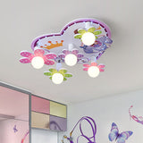 Colored Flower Princess Ceiling Lamp Kids 5-Light Wood Flush Mounted Lighting with Orb White Glass Shade White Clearhalo 'Ceiling Lights' 'Close To Ceiling Lights' 'Close to ceiling' 'Flush mount' Lighting' 758369