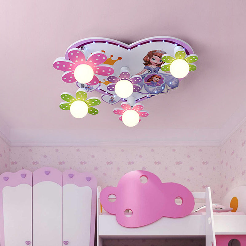 Colored Flower Princess Ceiling Lamp Kids 5-Light Wood Flush Mounted Lighting with Orb White Glass Shade Clearhalo 'Ceiling Lights' 'Close To Ceiling Lights' 'Close to ceiling' 'Flush mount' Lighting' 758370