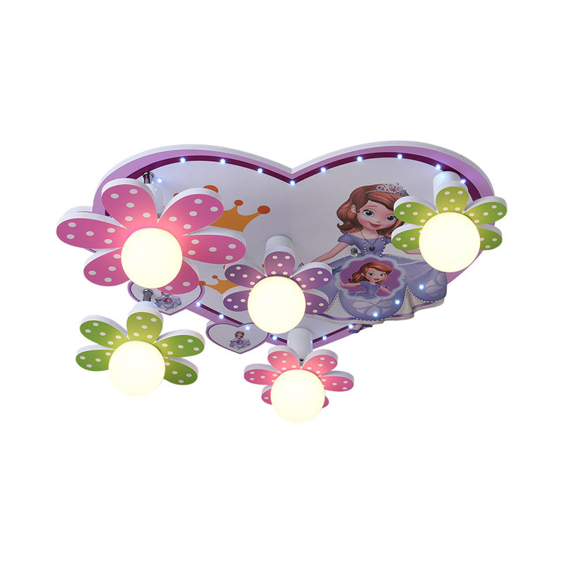 Colored Flower Princess Ceiling Lamp Kids 5-Light Wood Flush Mounted Lighting with Orb White Glass Shade Clearhalo 'Ceiling Lights' 'Close To Ceiling Lights' 'Close to ceiling' 'Flush mount' Lighting' 758371