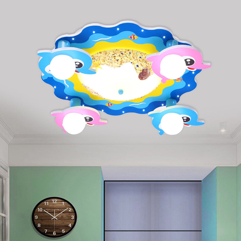 Kids Marine Dolphin Flush Mount Lamp Opal Glass 4-Bulb Kindergarten LED Ceiling Lighting in Blue Blue Clearhalo 'Ceiling Lights' 'Close To Ceiling Lights' 'Close to ceiling' 'Flush mount' Lighting' 758381