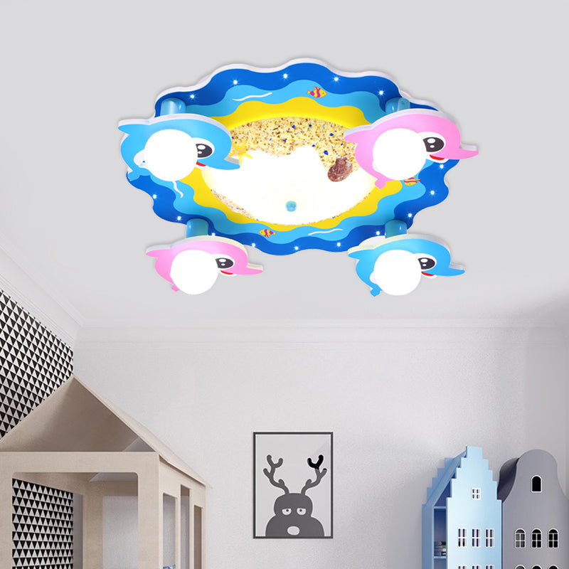 Kids Marine Dolphin Flush Mount Lamp Opal Glass 4-Bulb Kindergarten LED Ceiling Lighting in Blue Clearhalo 'Ceiling Lights' 'Close To Ceiling Lights' 'Close to ceiling' 'Flush mount' Lighting' 758382