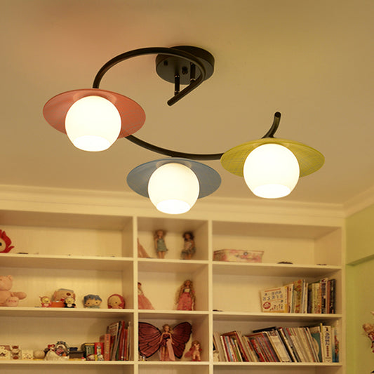 Macaron Swirled Iron Semi Flush Mount 3 Bulbs Ceiling Lighting in Black with Dome Glass Shade and Colored Saucer Cap Black Clearhalo 'Ceiling Lights' 'Close To Ceiling Lights' 'Close to ceiling' 'Semi-flushmount' Lighting' 758398