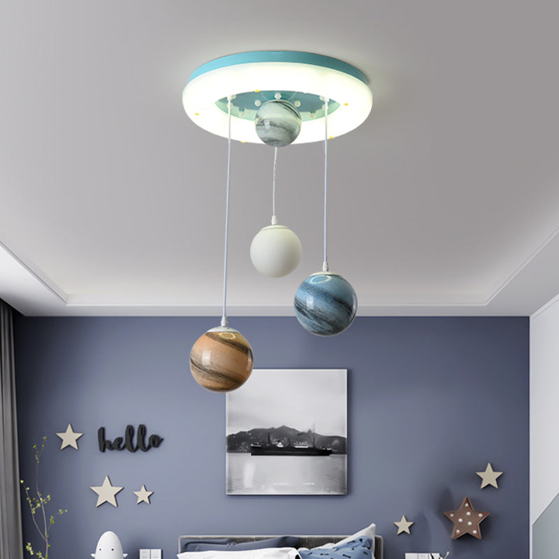 Stained Glass Planet Multi-Pendant Kids 4 Heads Blue Hanging Ceiling Light with Circle Glow Canopy Blue Clearhalo 'Ceiling Lights' 'Pendant Lights' 'Pendants' Lighting' 758402_91b3d262-8b49-4c85-8d1c-10adac2a91c0