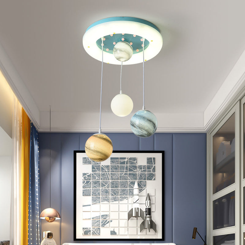 Stained Glass Planet Multi-Pendant Kids 4 Heads Blue Hanging Ceiling Light with Circle Glow Canopy Clearhalo 'Ceiling Lights' 'Pendant Lights' 'Pendants' Lighting' 758403