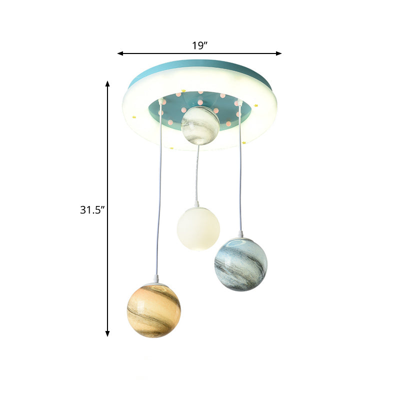 Stained Glass Planet Multi-Pendant Kids 4 Heads Blue Hanging Ceiling Light with Circle Glow Canopy Clearhalo 'Ceiling Lights' 'Pendant Lights' 'Pendants' Lighting' 758405