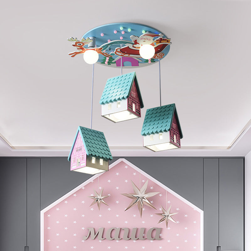 Blue Tile-Roof House Cluster Pendant Cartoon 5 Lights Wood Hanging Light Fixture for Kids Bedroom Clearhalo 'Ceiling Lights' 'Pendant Lights' 'Pendants' Lighting' 758406