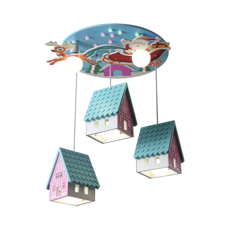 Blue Tile-Roof House Cluster Pendant Cartoon 5 Lights Wood Hanging Light Fixture for Kids Bedroom Clearhalo 'Ceiling Lights' 'Pendant Lights' 'Pendants' Lighting' 758408