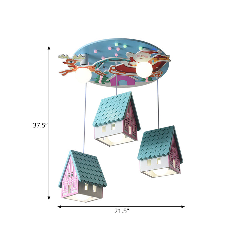 Blue Tile-Roof House Cluster Pendant Cartoon 5 Lights Wood Hanging Light Fixture for Kids Bedroom Clearhalo 'Ceiling Lights' 'Pendant Lights' 'Pendants' Lighting' 758409