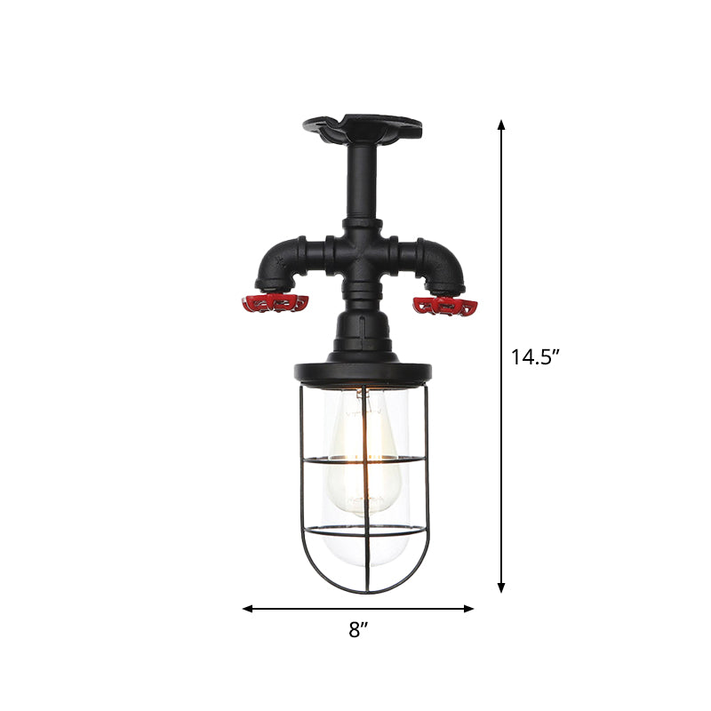 1-Bulb Clear Glass Semi Flush Mount Industrial Black Cage Balcony Ceiling Flush with Valve Deco Clearhalo 'Ceiling Lights' 'Close To Ceiling Lights' 'Close to ceiling' 'Glass shade' 'Glass' 'Semi-flushmount' Lighting' 758442