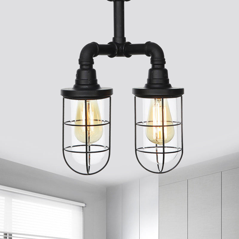 Clear Glass Black Semi Flush Lighting Caged 2 Heads Vintage Flush Mount Ceiling Lamp Black A Clearhalo 'Ceiling Lights' 'Close To Ceiling Lights' 'Close to ceiling' 'Glass shade' 'Glass' 'Semi-flushmount' Lighting' 758467