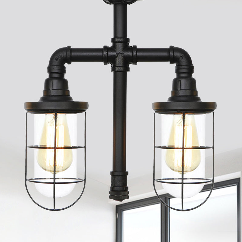 Clear Glass Black Semi Flush Lighting Caged 2 Heads Vintage Flush Mount Ceiling Lamp Black B Clearhalo 'Ceiling Lights' 'Close To Ceiling Lights' 'Close to ceiling' 'Glass shade' 'Glass' 'Semi-flushmount' Lighting' 758471