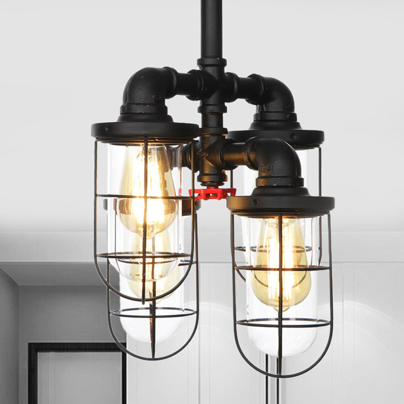 Black 3/4-Light Semi Mount Lighting Industrial Clear Glass Wire Cage Flush Lamp Fixture Black C Clearhalo 'Ceiling Lights' 'Close To Ceiling Lights' 'Close to ceiling' 'Glass shade' 'Glass' 'Semi-flushmount' Lighting' 758490