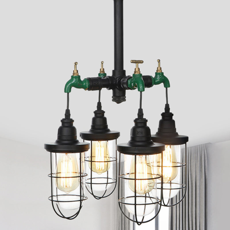 Black 3/4-Light Semi Mount Lighting Industrial Clear Glass Wire Cage Flush Lamp Fixture Black D Clearhalo 'Ceiling Lights' 'Close To Ceiling Lights' 'Close to ceiling' 'Glass shade' 'Glass' 'Semi-flushmount' Lighting' 758495