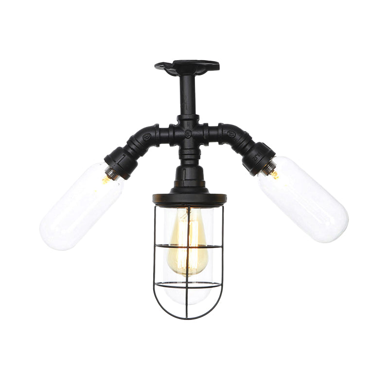 Antiqued Ball/Capsule Semi-Flush Ceiling Light 3 Bulbs Clear Glass Flush Mounted Lamp in Black with Cage Clearhalo 'Ceiling Lights' 'Close To Ceiling Lights' 'Close to ceiling' 'Glass shade' 'Glass' 'Semi-flushmount' Lighting' 758501