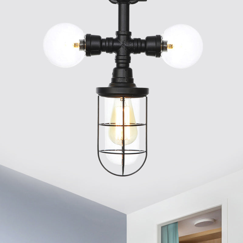 Antiqued Ball/Capsule Semi-Flush Ceiling Light 3 Bulbs Clear Glass Flush Mounted Lamp in Black with Cage Clearhalo 'Ceiling Lights' 'Close To Ceiling Lights' 'Close to ceiling' 'Glass shade' 'Glass' 'Semi-flushmount' Lighting' 758505