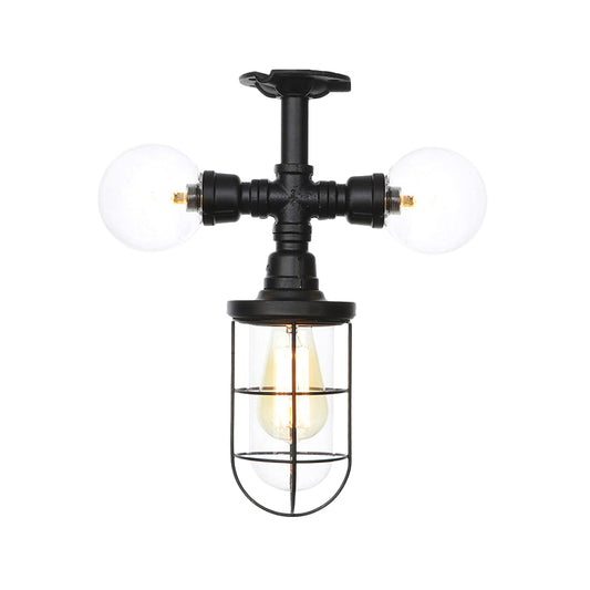 Antiqued Ball/Capsule Semi-Flush Ceiling Light 3 Bulbs Clear Glass Flush Mounted Lamp in Black with Cage Clearhalo 'Ceiling Lights' 'Close To Ceiling Lights' 'Close to ceiling' 'Glass shade' 'Glass' 'Semi-flushmount' Lighting' 758506