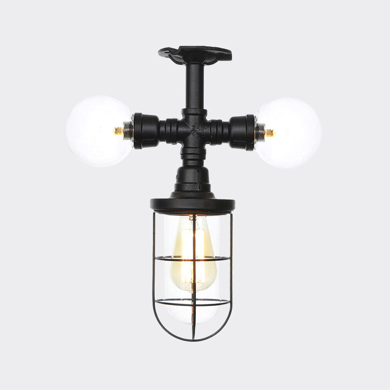 Antiqued Ball/Capsule Semi-Flush Ceiling Light 3 Bulbs Clear Glass Flush Mounted Lamp in Black with Cage Clearhalo 'Ceiling Lights' 'Close To Ceiling Lights' 'Close to ceiling' 'Glass shade' 'Glass' 'Semi-flushmount' Lighting' 758507