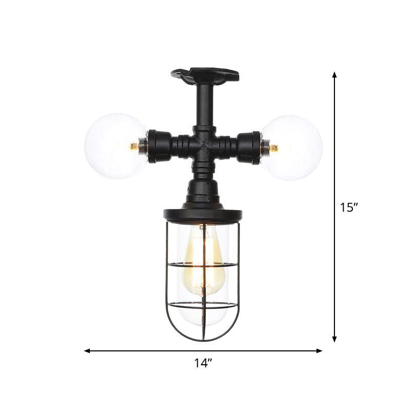 Antiqued Ball/Capsule Semi-Flush Ceiling Light 3 Bulbs Clear Glass Flush Mounted Lamp in Black with Cage Clearhalo 'Ceiling Lights' 'Close To Ceiling Lights' 'Close to ceiling' 'Glass shade' 'Glass' 'Semi-flushmount' Lighting' 758508