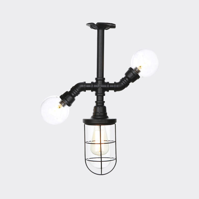 Antiqued Ball/Capsule Semi-Flush Ceiling Light 3 Bulbs Clear Glass Flush Mounted Lamp in Black with Cage Clearhalo 'Ceiling Lights' 'Close To Ceiling Lights' 'Close to ceiling' 'Glass shade' 'Glass' 'Semi-flushmount' Lighting' 758512