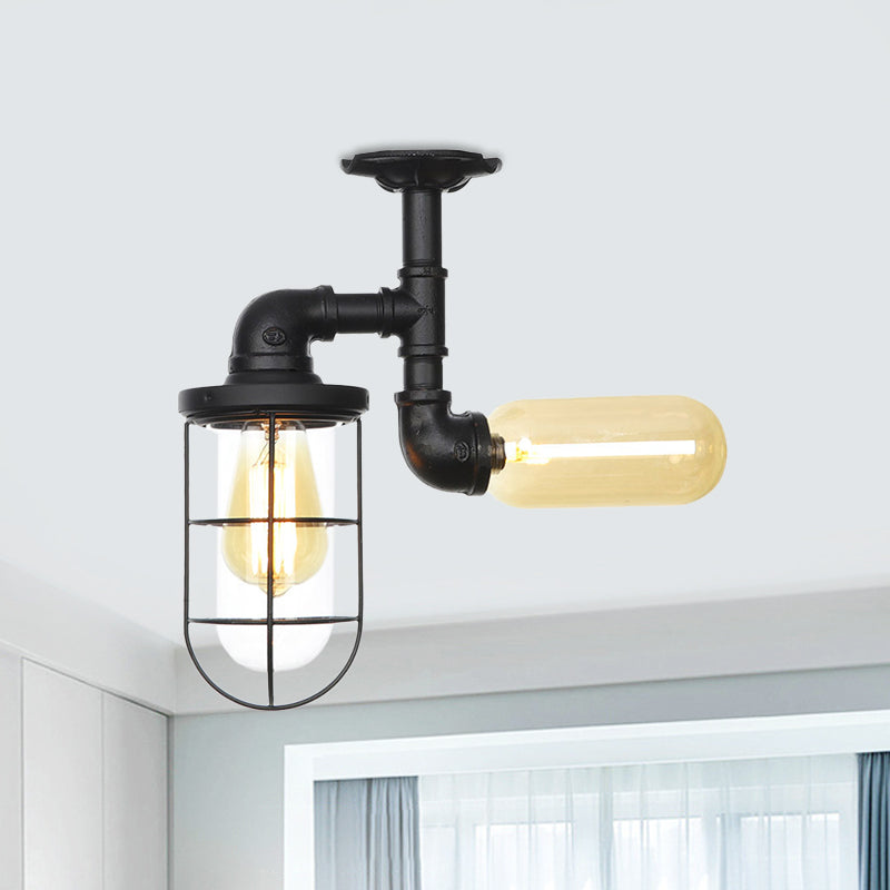 Clear Glass Orb/Capsule Semi Flush Vintage 2 Lights Corridor Ceiling Mounted Light in Black with Cage Black A Clearhalo 'Ceiling Lights' 'Close To Ceiling Lights' 'Close to ceiling' 'Glass shade' 'Glass' 'Semi-flushmount' Lighting' 758514