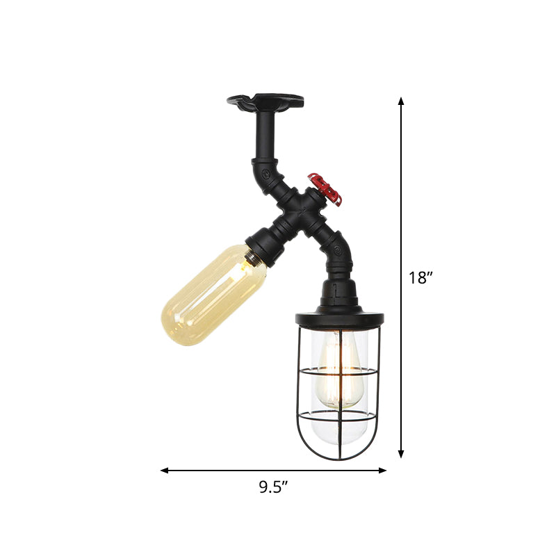 Clear Glass Orb/Capsule Semi Flush Vintage 2 Lights Corridor Ceiling Mounted Light in Black with Cage Clearhalo 'Ceiling Lights' 'Close To Ceiling Lights' 'Close to ceiling' 'Glass shade' 'Glass' 'Semi-flushmount' Lighting' 758527