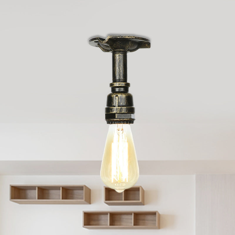 Metal Bronze Semi-Flush Ceiling Light Water Pipe 1 Bulb Antiqued Flush Mount Lighting Clearhalo 'Ceiling Lights' 'Close To Ceiling Lights' 'Close to ceiling' 'Semi-flushmount' Lighting' 758567