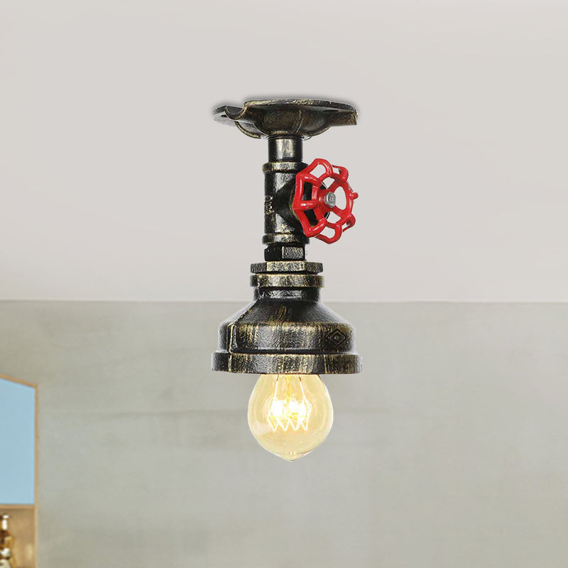 Metal Bronze Semi-Flush Ceiling Light Water Pipe 1 Bulb Antiqued Flush Mount Lighting Clearhalo 'Ceiling Lights' 'Close To Ceiling Lights' 'Close to ceiling' 'Semi-flushmount' Lighting' 758572