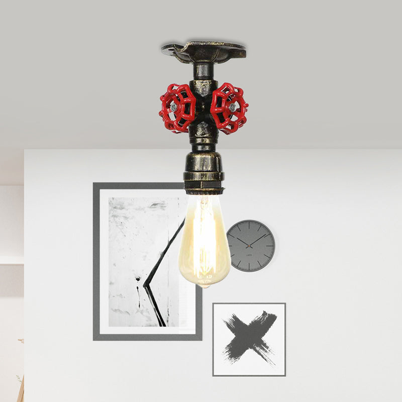 Metal Bronze Semi-Flush Ceiling Light Water Pipe 1 Bulb Antiqued Flush Mount Lighting Clearhalo 'Ceiling Lights' 'Close To Ceiling Lights' 'Close to ceiling' 'Semi-flushmount' Lighting' 758577