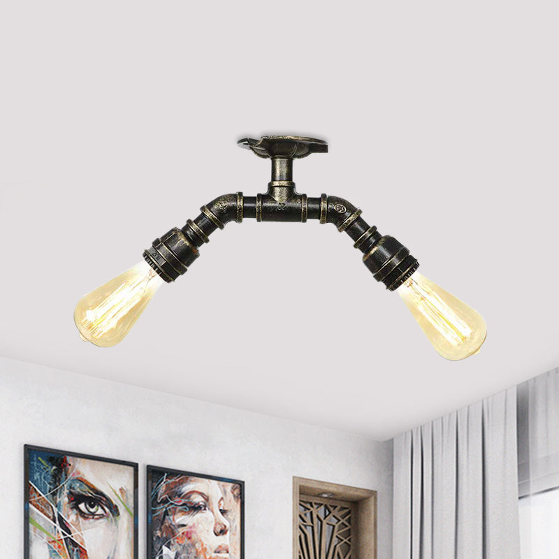 Bronze 2 Lights Semi Flush Light Fixture Industrial Bare Bulb Flush Mount Ceiling Lamp Clearhalo 'Ceiling Lights' 'Close To Ceiling Lights' 'Close to ceiling' 'Semi-flushmount' Lighting' 758624