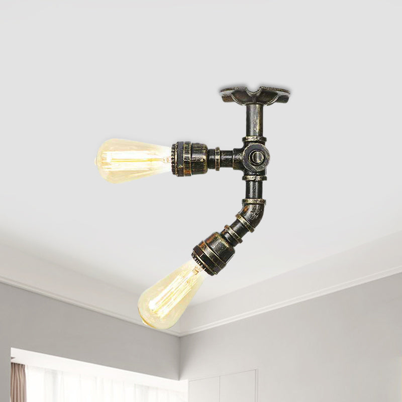 Bronze 2 Lights Semi Flush Light Fixture Industrial Bare Bulb Flush Mount Ceiling Lamp Clearhalo 'Ceiling Lights' 'Close To Ceiling Lights' 'Close to ceiling' 'Semi-flushmount' Lighting' 758629