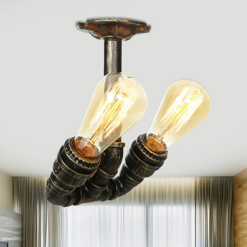 Bronze 2 Lights Semi Flush Light Fixture Industrial Bare Bulb Flush Mount Ceiling Lamp Bronze E Clearhalo 'Ceiling Lights' 'Close To Ceiling Lights' 'Close to ceiling' 'Semi-flushmount' Lighting' 758638