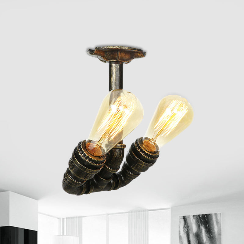 Bronze 2 Lights Semi Flush Light Fixture Industrial Bare Bulb Flush Mount Ceiling Lamp Clearhalo 'Ceiling Lights' 'Close To Ceiling Lights' 'Close to ceiling' 'Semi-flushmount' Lighting' 758639