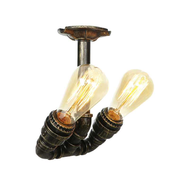 Bronze 2 Lights Semi Flush Light Fixture Industrial Bare Bulb Flush Mount Ceiling Lamp Clearhalo 'Ceiling Lights' 'Close To Ceiling Lights' 'Close to ceiling' 'Semi-flushmount' Lighting' 758640