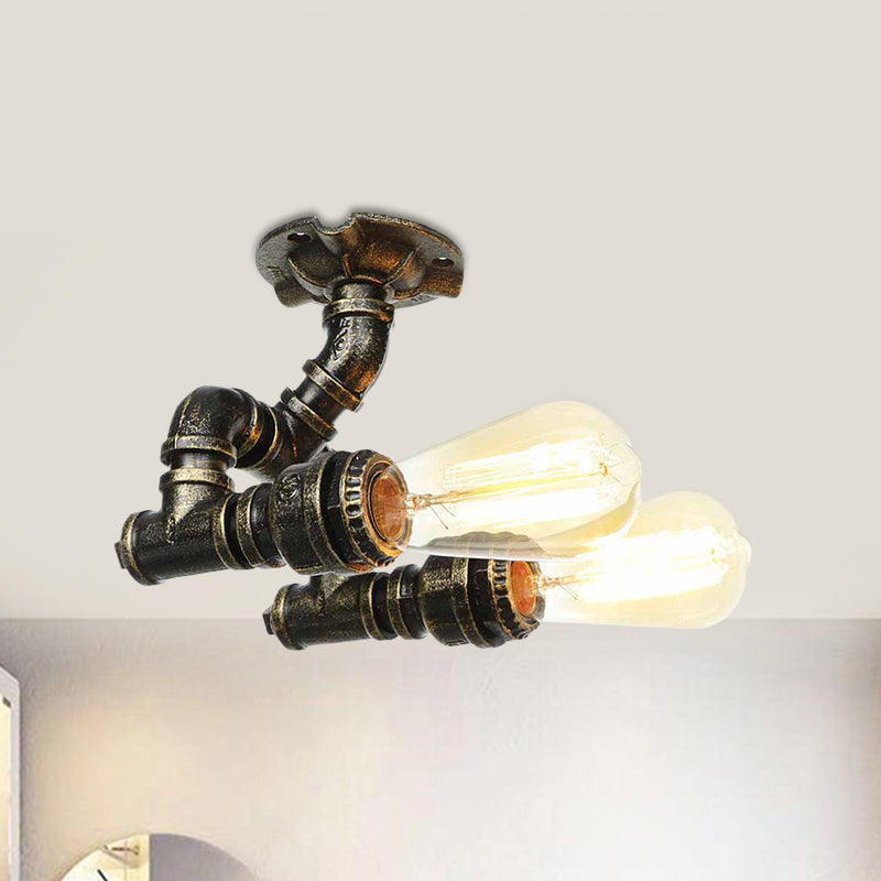 Bronze 2 Lights Semi Flush Light Fixture Industrial Bare Bulb Flush Mount Ceiling Lamp Clearhalo 'Ceiling Lights' 'Close To Ceiling Lights' 'Close to ceiling' 'Semi-flushmount' Lighting' 758644