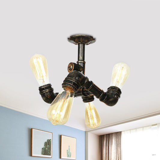 Industrial Bare Bulb Semi Flush Mount 3/4-Light Iron Flush Ceiling Lighting in Bronze Clearhalo 'Ceiling Lights' 'Close To Ceiling Lights' 'Close to ceiling' 'Semi-flushmount' Lighting' 758658