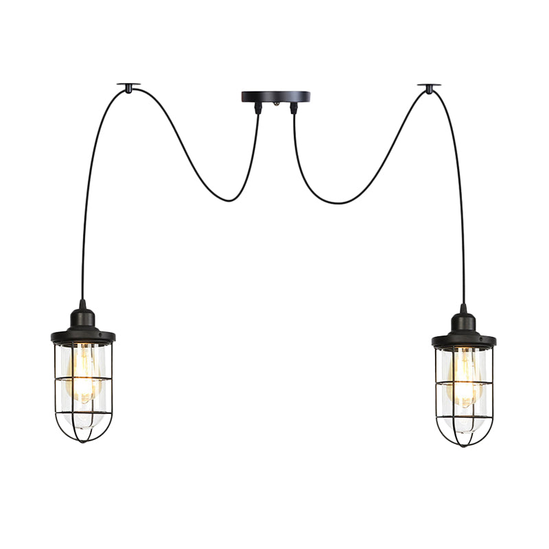 2/3/6-Bulb Clear Glass Multi Ceiling Light Industrial Black Caged Restaurant Swag Pendulum Lamp Clearhalo 'Ceiling Lights' 'Glass shade' 'Glass' 'Industrial Pendants' 'Industrial' 'Middle Century Pendants' 'Pendant Lights' 'Pendants' 'Tiffany' Lighting' 758685