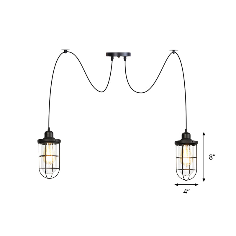 2/3/6-Bulb Clear Glass Multi Ceiling Light Industrial Black Caged Restaurant Swag Pendulum Lamp Clearhalo 'Ceiling Lights' 'Glass shade' 'Glass' 'Industrial Pendants' 'Industrial' 'Middle Century Pendants' 'Pendant Lights' 'Pendants' 'Tiffany' Lighting' 758687