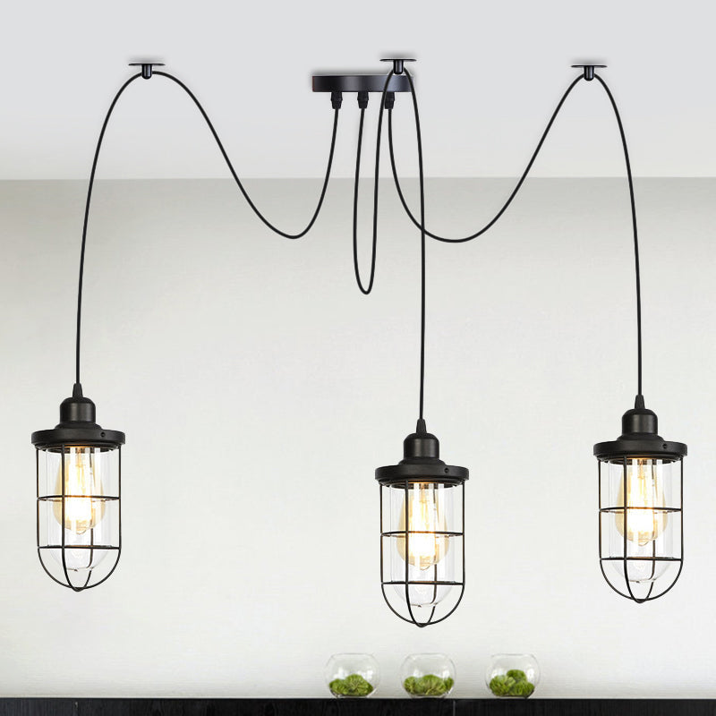 2/3/6-Bulb Clear Glass Multi Ceiling Light Industrial Black Caged Restaurant Swag Pendulum Lamp 3 Black Clearhalo 'Ceiling Lights' 'Glass shade' 'Glass' 'Industrial Pendants' 'Industrial' 'Middle Century Pendants' 'Pendant Lights' 'Pendants' 'Tiffany' Lighting' 758688