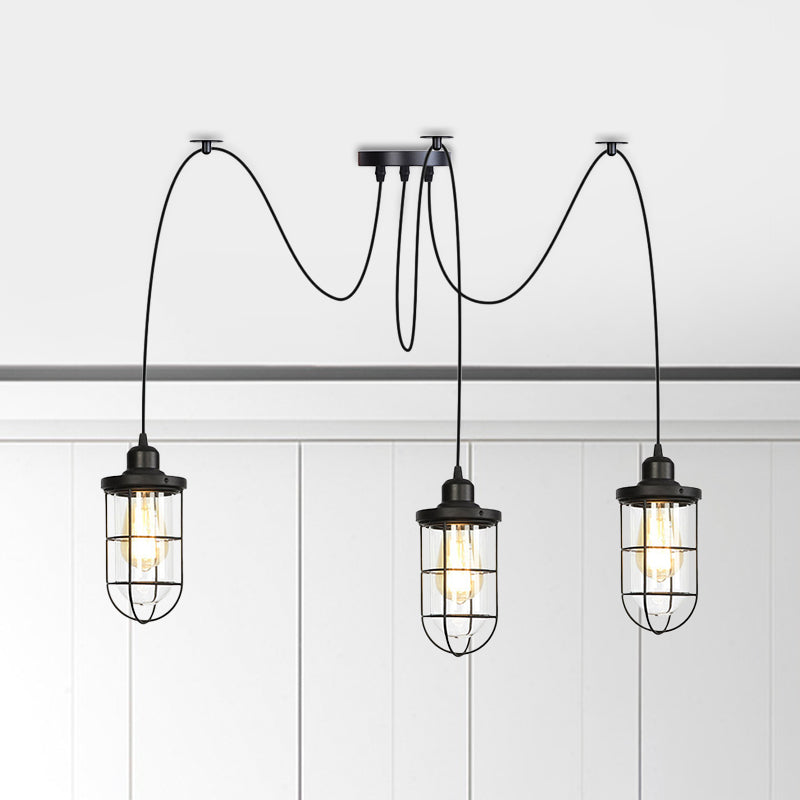 2/3/6-Bulb Clear Glass Multi Ceiling Light Industrial Black Caged Restaurant Swag Pendulum Lamp Clearhalo 'Ceiling Lights' 'Glass shade' 'Glass' 'Industrial Pendants' 'Industrial' 'Middle Century Pendants' 'Pendant Lights' 'Pendants' 'Tiffany' Lighting' 758689